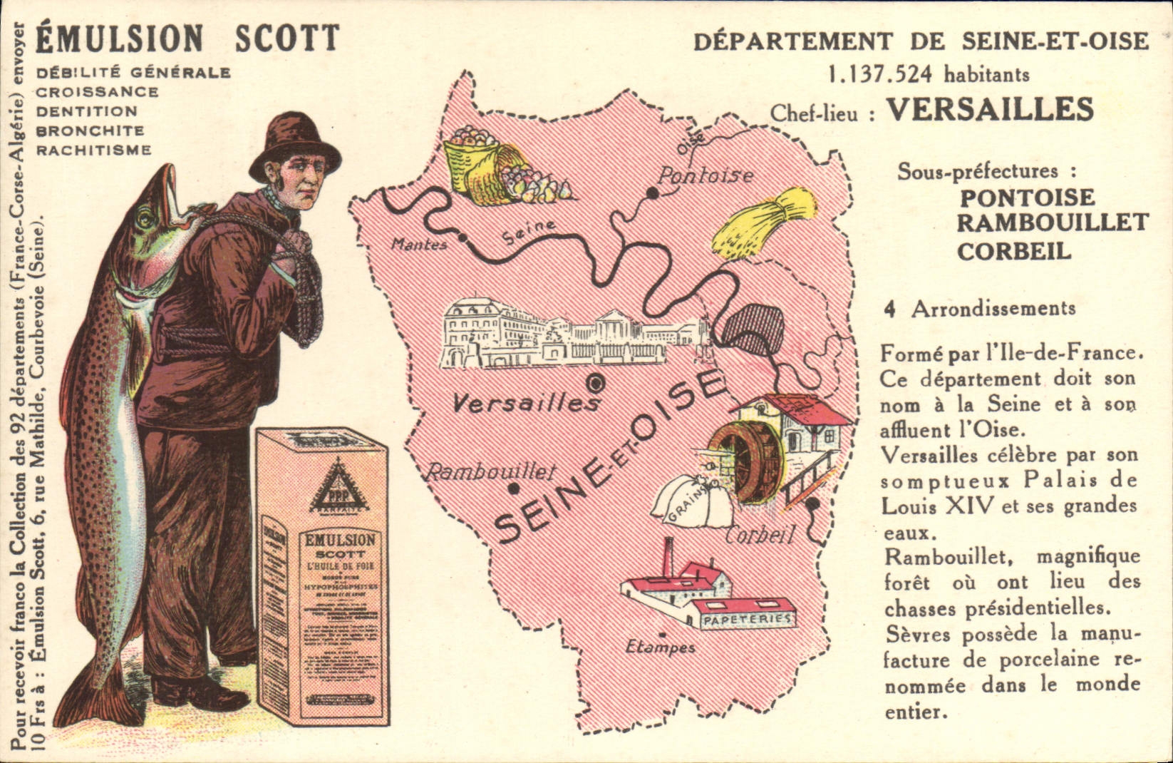 VINTAGE POSTCARD Geographical map Emulsion Scott the Seine & Oise Versailles