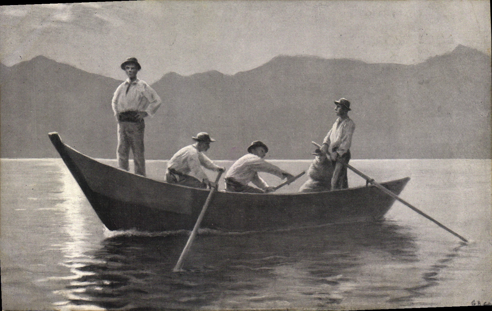 CPA Bateau Retour de peche Evian les Bains Source Cachat