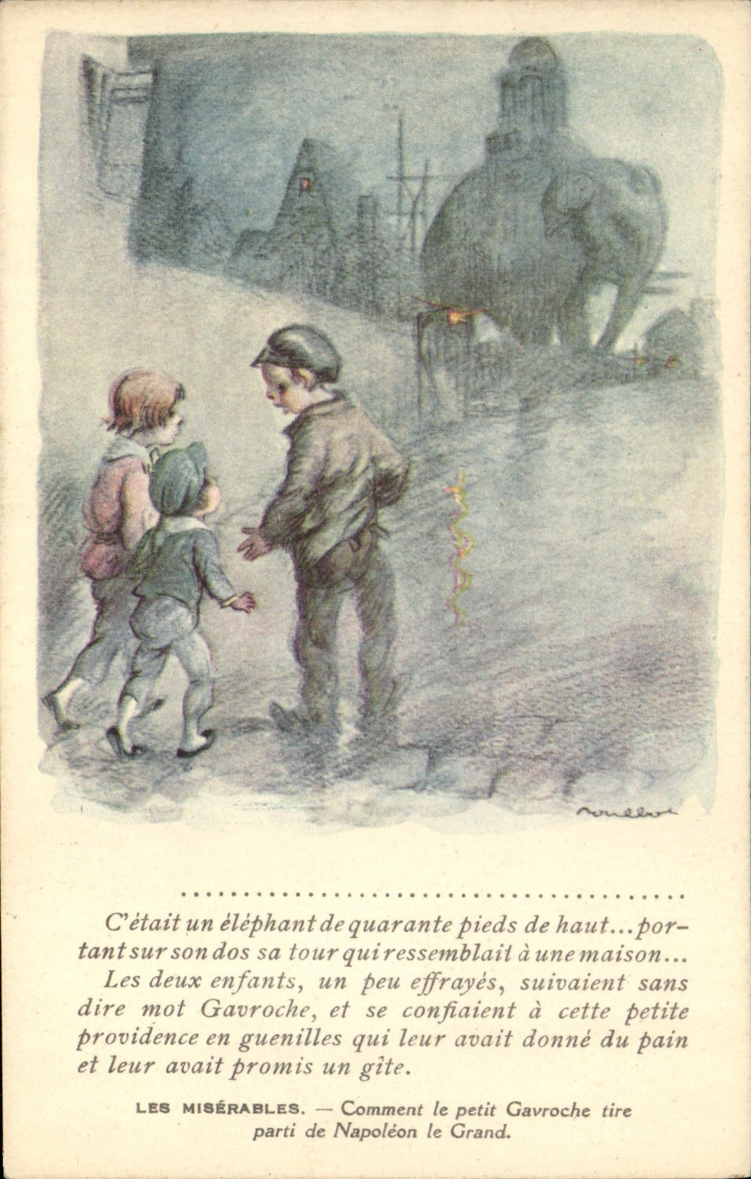 Ilustrador Poulbot Victor Hugo de la POSTAL de la VENDIMIA el elefante pobre de Gavroche de los wretches