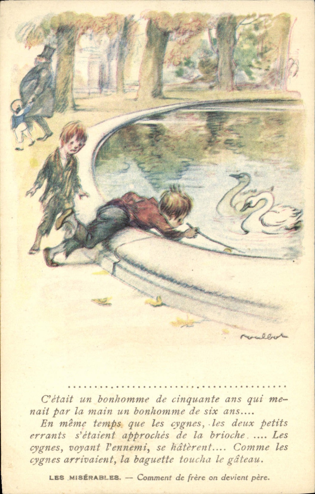 Ilustrador Poulbot Victor Hugo de la POSTAL de la VENDIMIA el cisne pobre de los wretches
