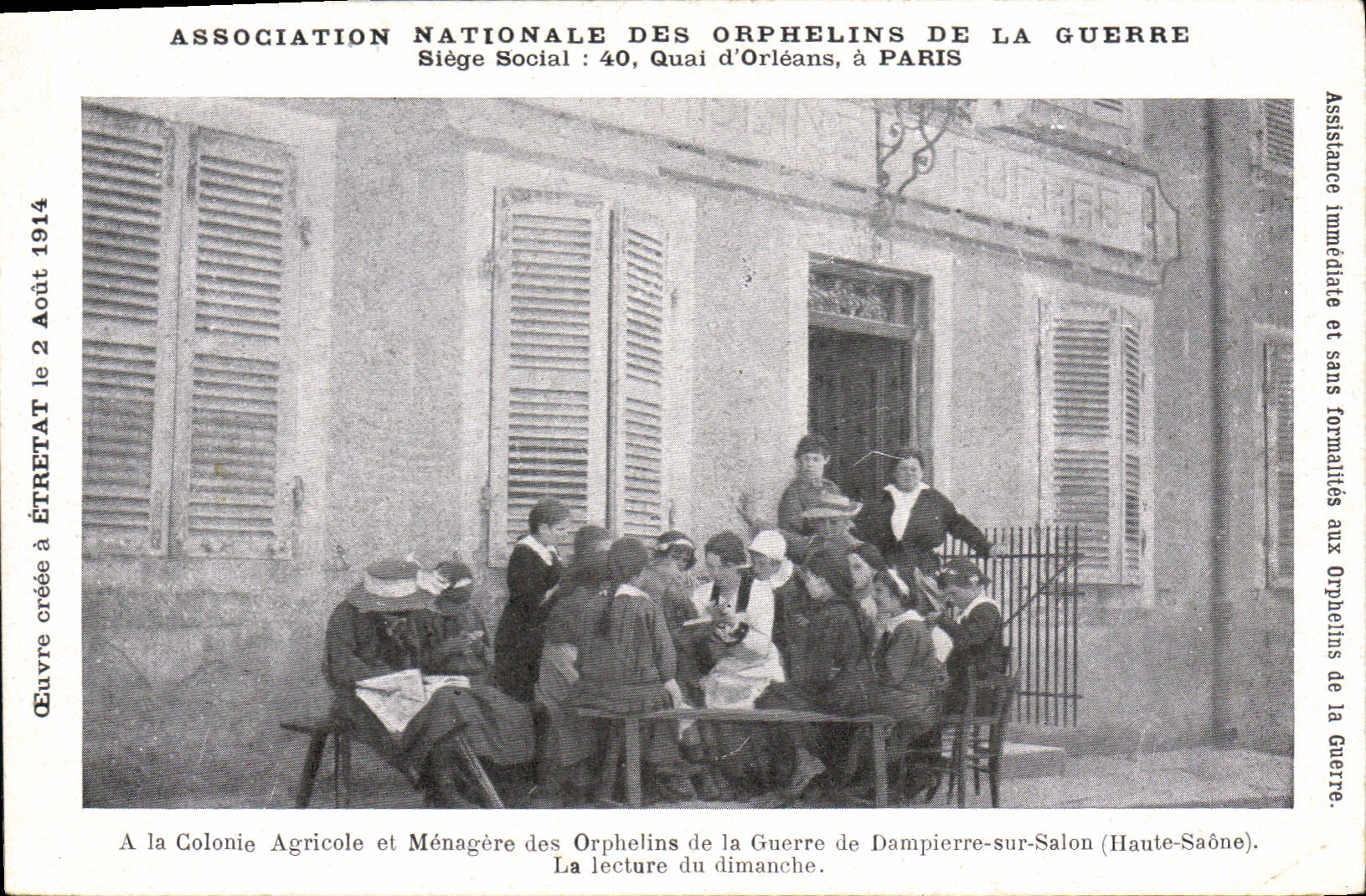 Huérfano de la POSTAL de la VENDIMIA de la guerra Quay de Orleans colonia agrícola y doméstica de París