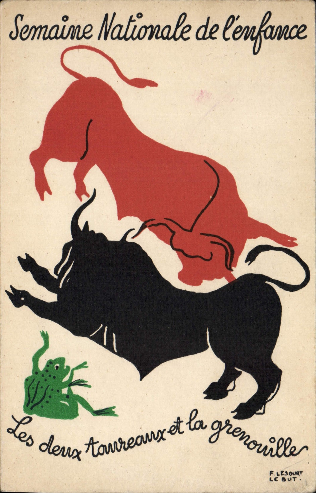 VINTAGE POSTCARD Childhood two bulls and the frog