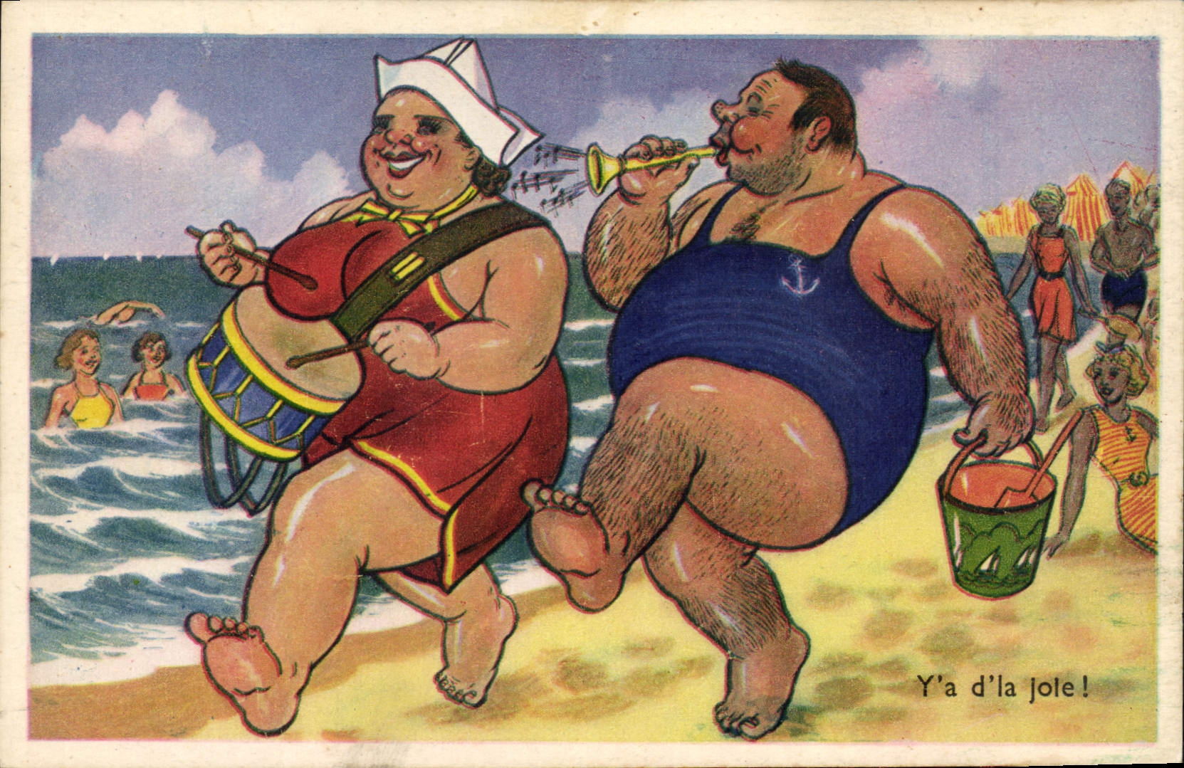 CPA Fantaisie Illustrateur Femme Forte plage 