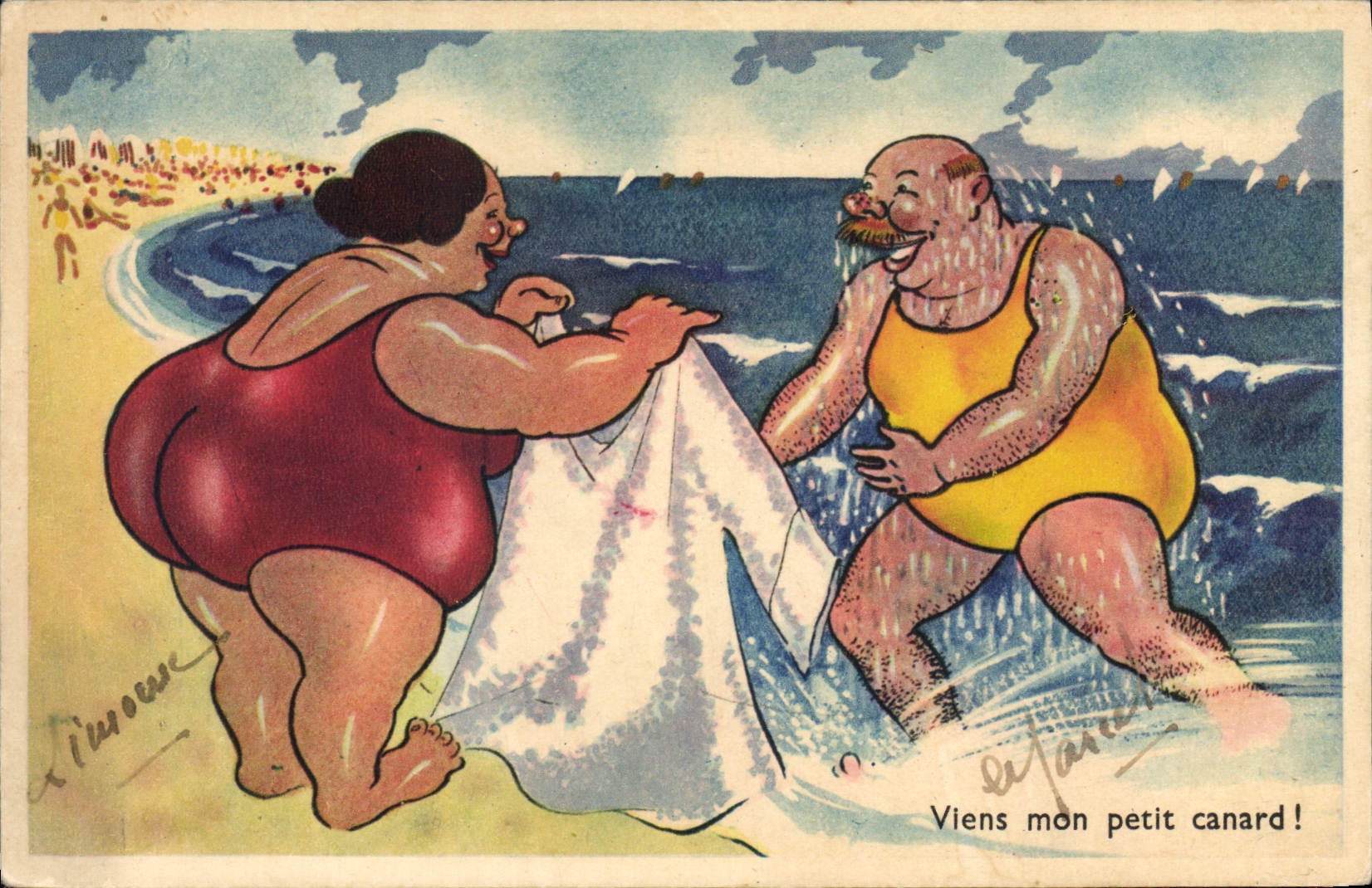 CPA Fantaisie Illustrateur Femme Forte Plage Viens mon petit canard