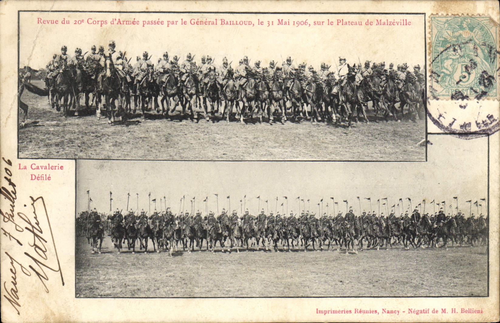 La POSTAL Militaria de la VENDIMIA reexaminado del vigésimo cuerpo del ejército pasó por general Bailloud Plate de Malzeville