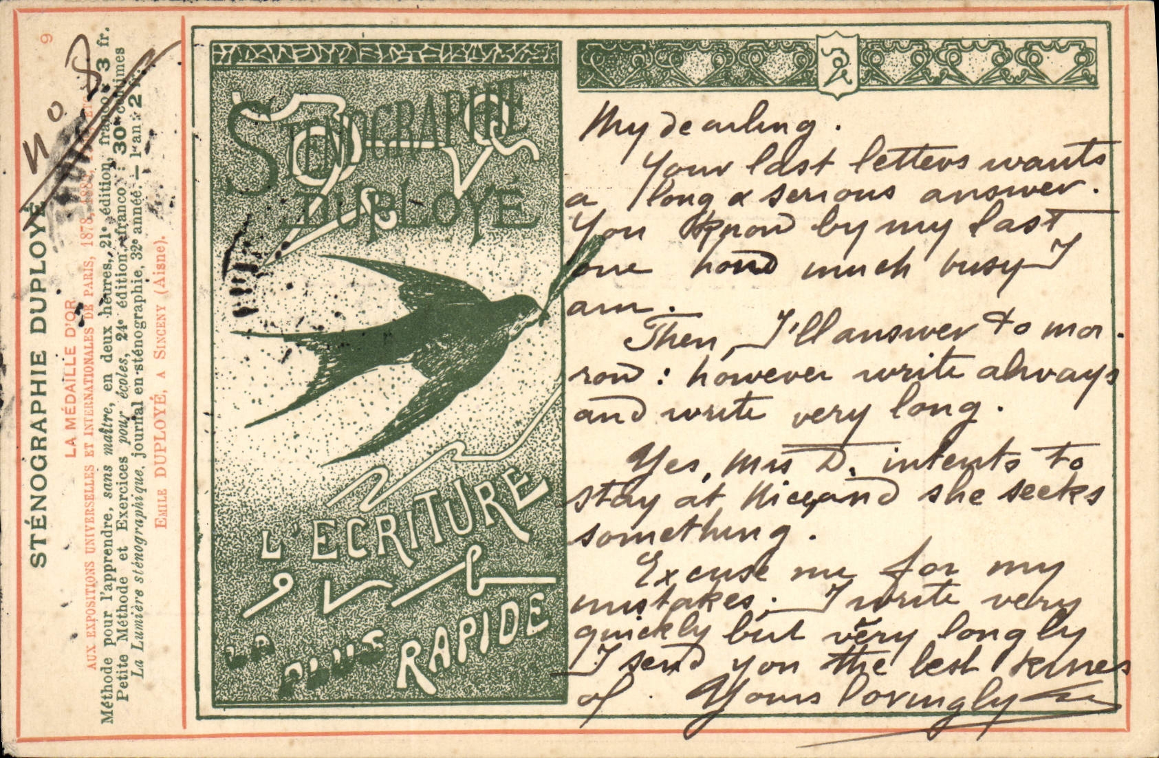 VINTAGE POSTCARD Shorthand Duploye Bird TOP