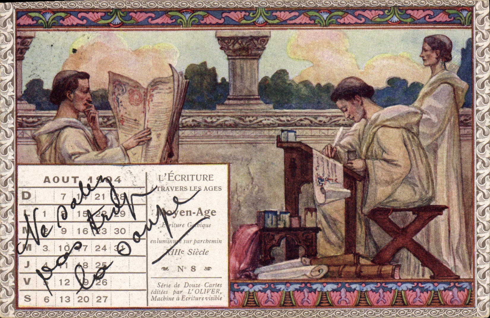 VINTAGE POSTCARD Monks the writing through the old Middle Ages TOP Calendar August 1904