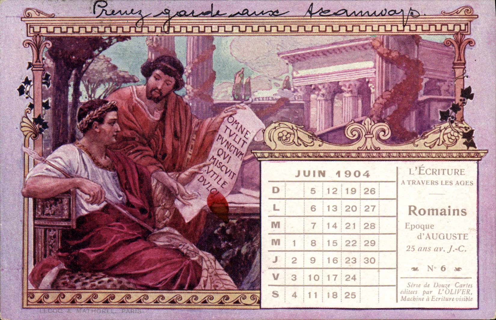 VINTAGE POSTCARD Monks the writing through the old Romans Time of Auguste TOP Calendar June 1904