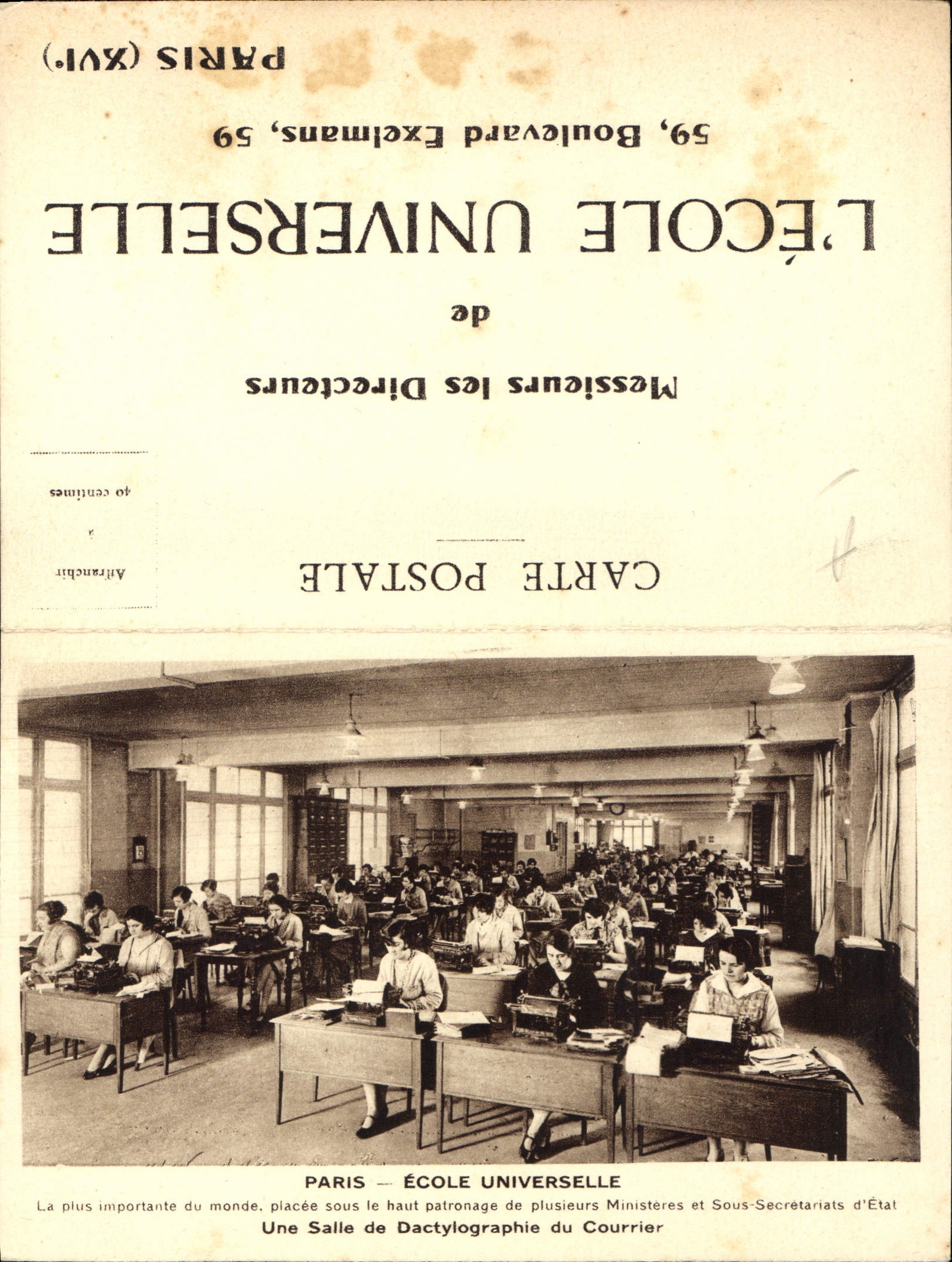 Escuela universal de París de la POSTAL de la VENDIMIA un cuarto de la mecanografía a máquina del correo