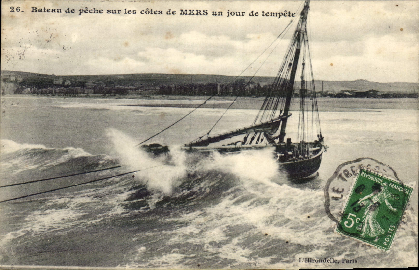 El barco de la POSTAL de la VENDIMIA pesca los barcos del pecado en las dimensiones de los mares un día de tormenta