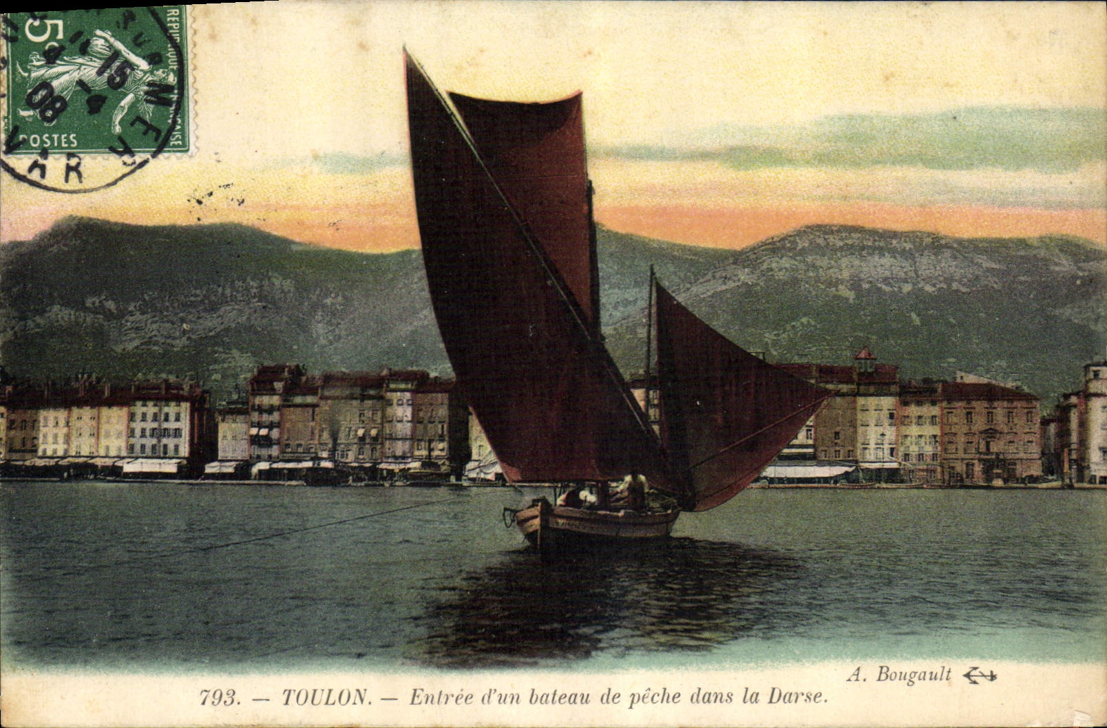 El barco de la POSTAL de la VENDIMIA pesca la entrada de Toulon de un barco del pecado el muelle mojado