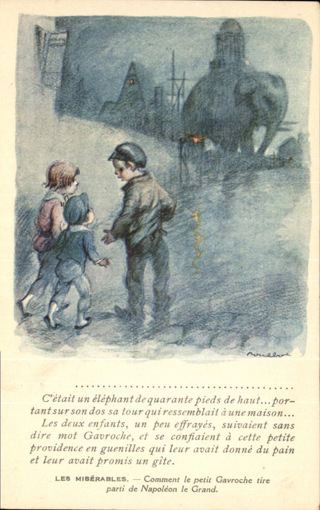 CPA Fantaisie Illustrateur Poulbot Victor Hugo Les Miserables Gavroche Napoleon le Grand Elephant