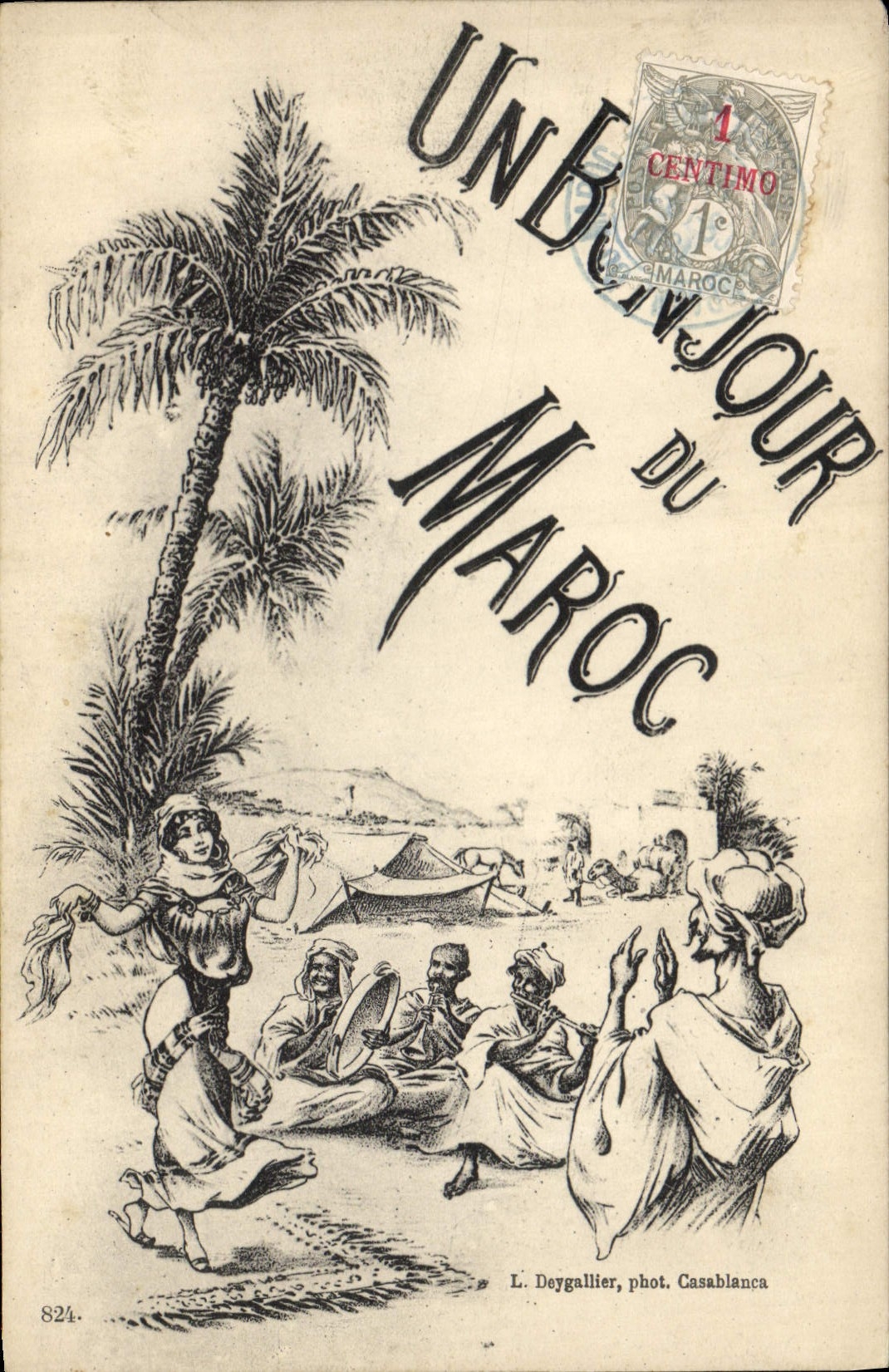 CPA Fantaisie Illustrateur Un bonjour du Maroc Danseuse