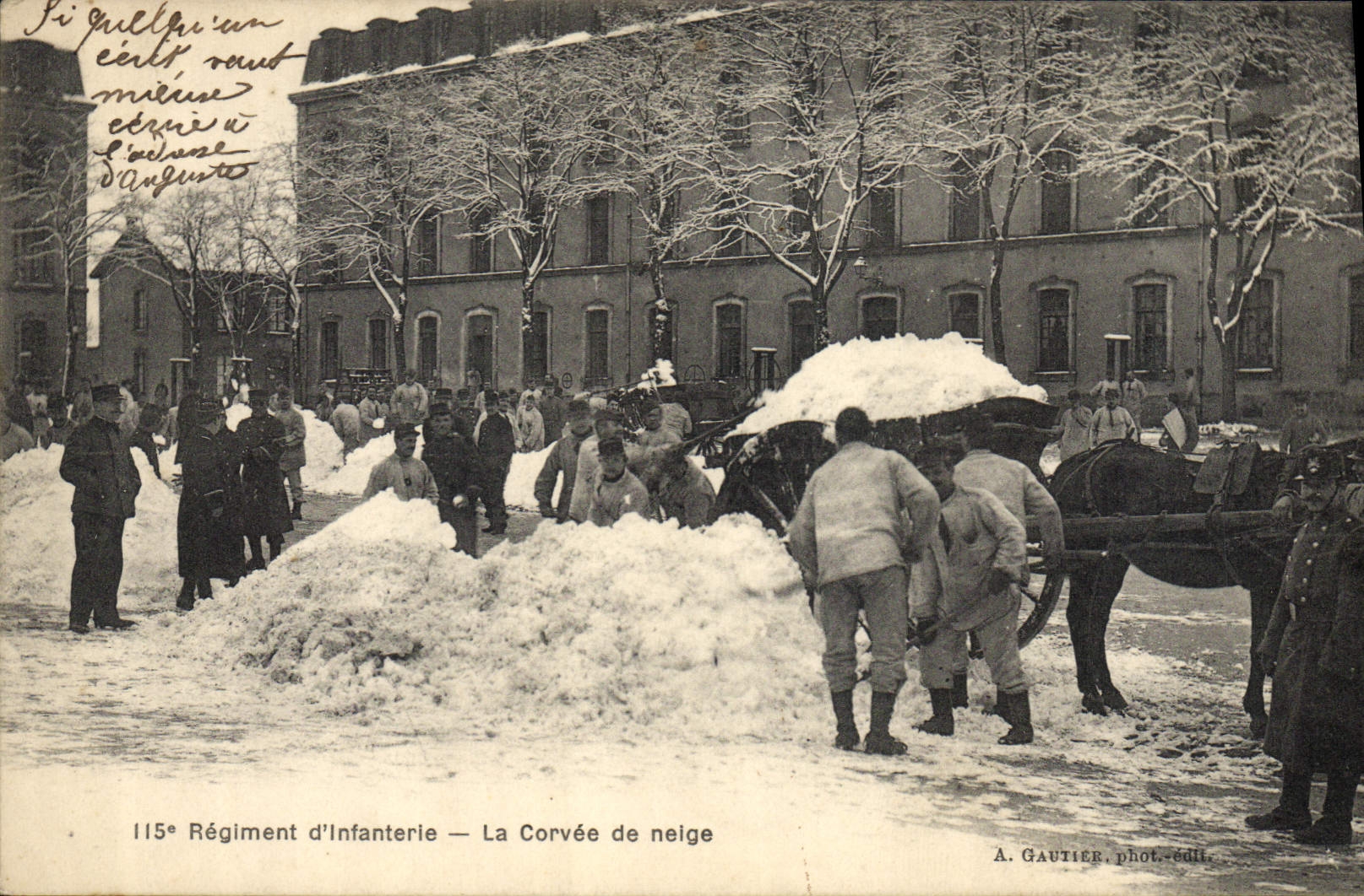 VINTAGE POSTCARD Militaria 115eme regiment of infantry the drudgery of snow