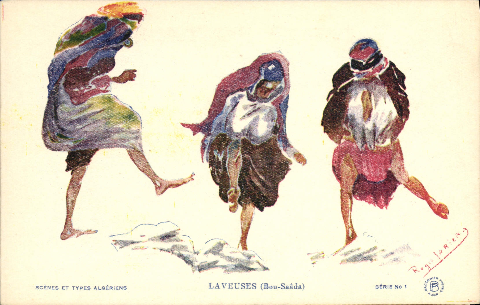 VINTAGE POSTCARD Fantasy Illustrator Washerwomen Bou Saada