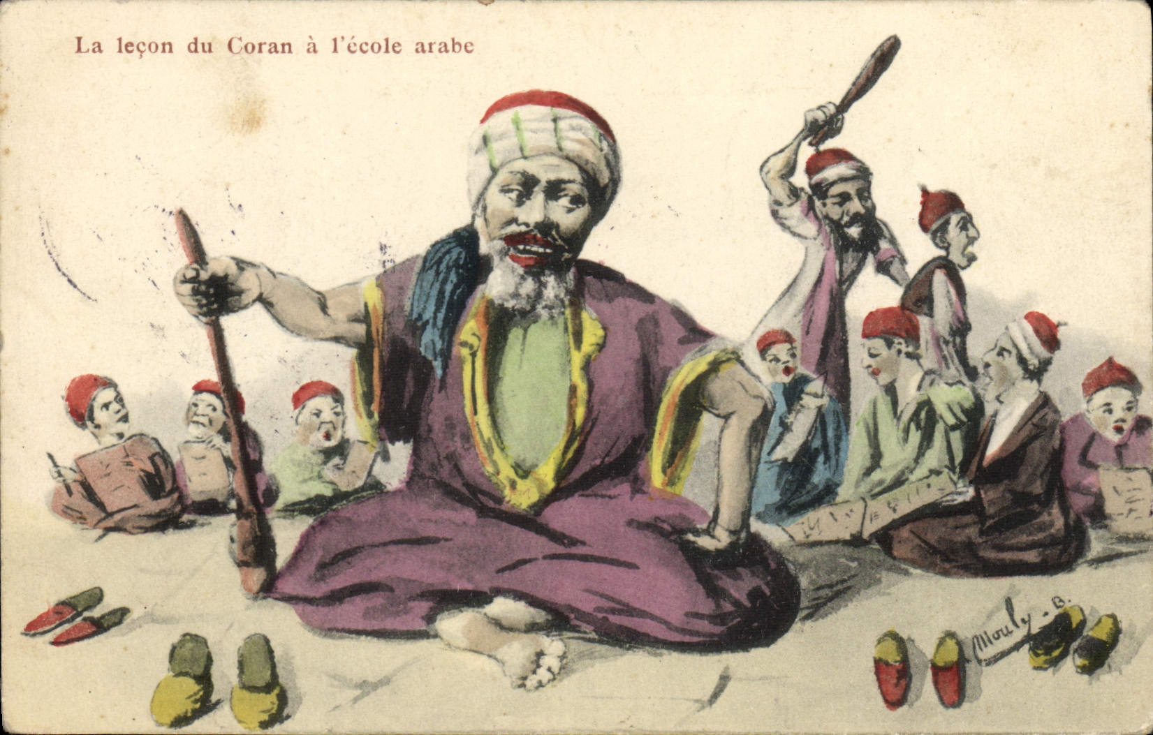 CPA Fantaisie Illustrateur La lecon du Coran a l'ecole arabe Tunisie