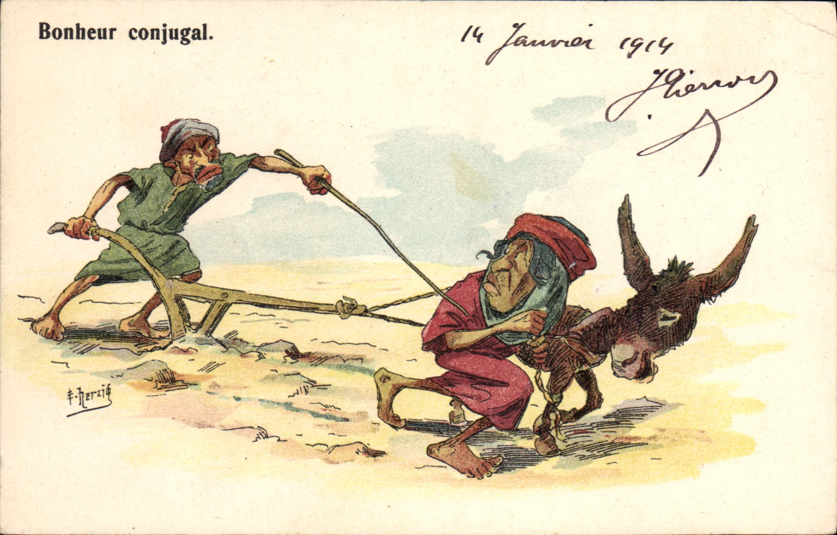 VINTAGE POSTCARD Fantasy marital Bobheur Illustrator Plowman Ass Mule