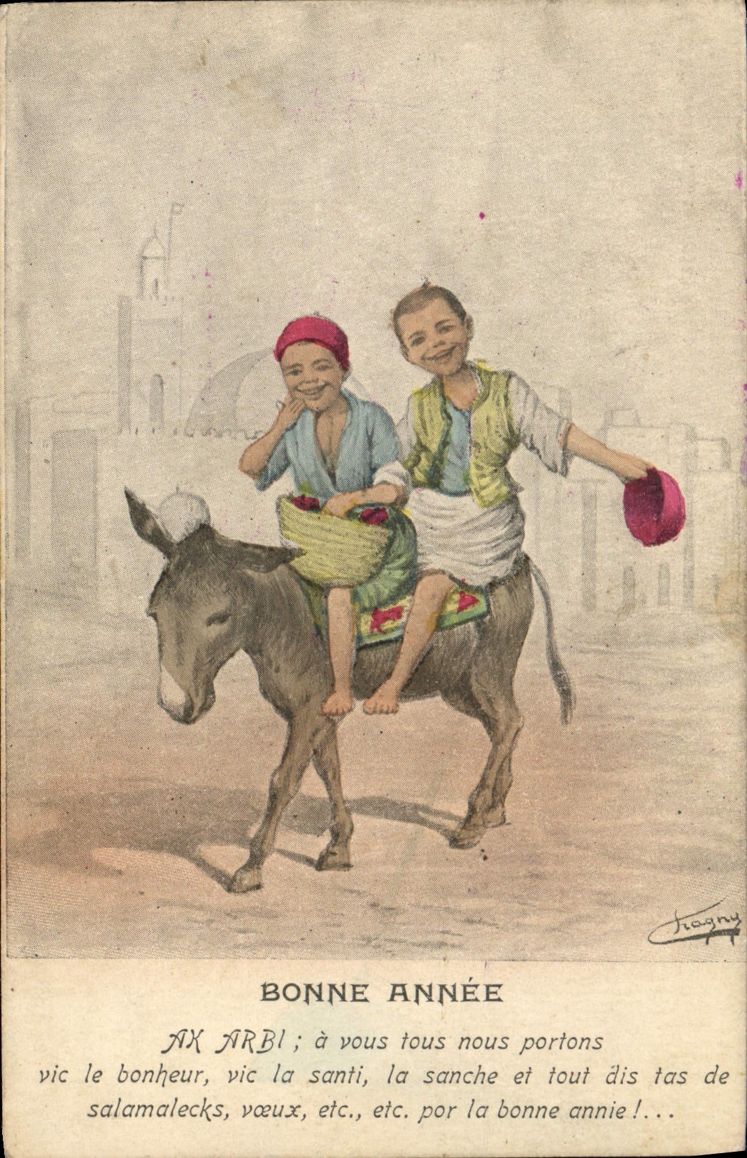 VINTAGE POSTCARD Fantasy Illustrator Happy New Year Ass mule Children