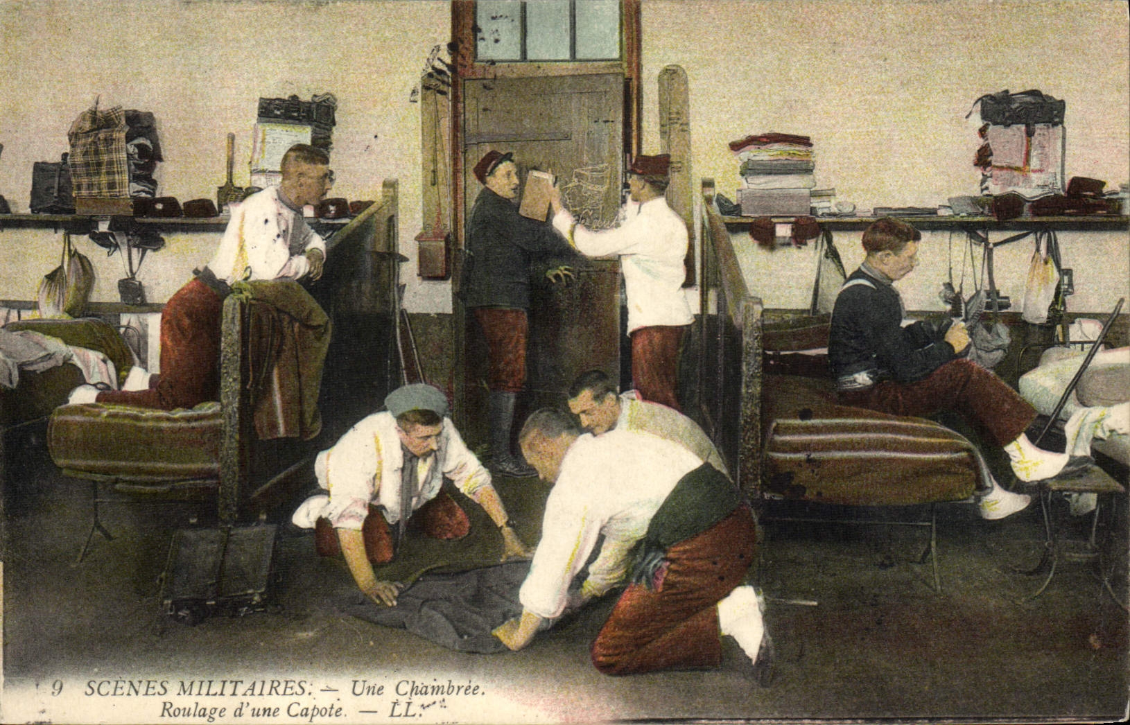 VINTAGE POSTCARD Militaria a barrack room Rolling of a hood