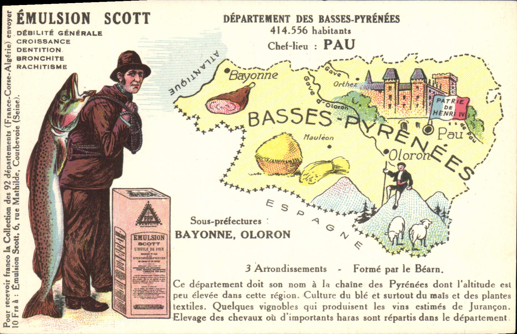 VINTAGE POSTCARD Emulsion Scott Department the Low Pyrenees Pau Bayonne Oloron