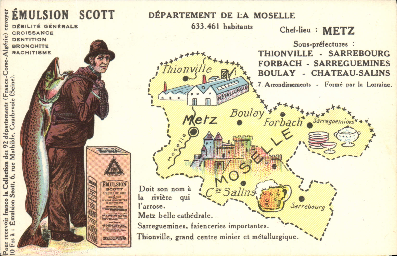 VINTAGE POSTCARD Emulsion Scott Department the Moselle Metz Thionville Sarrebourg Forbach Sarreguemines Boulay Castle Saline