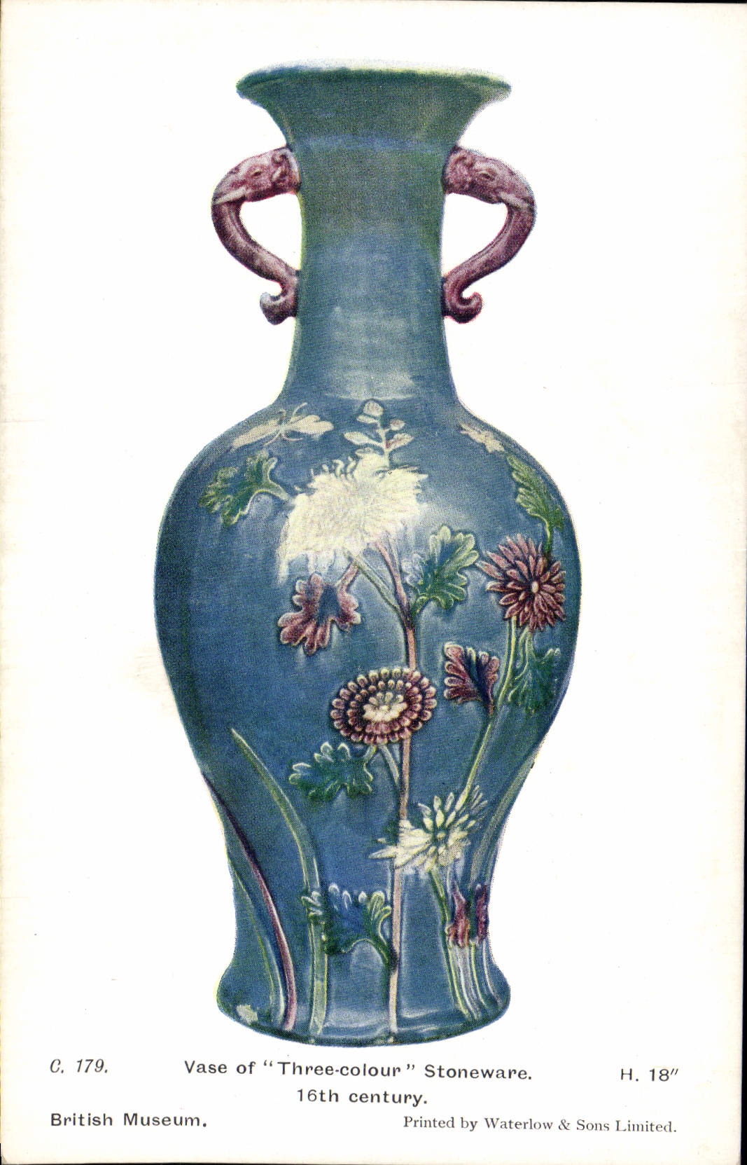 Florero de la cerámica del alfarero de la POSTAL de la VENDIMIA del gres tricolor British Museum