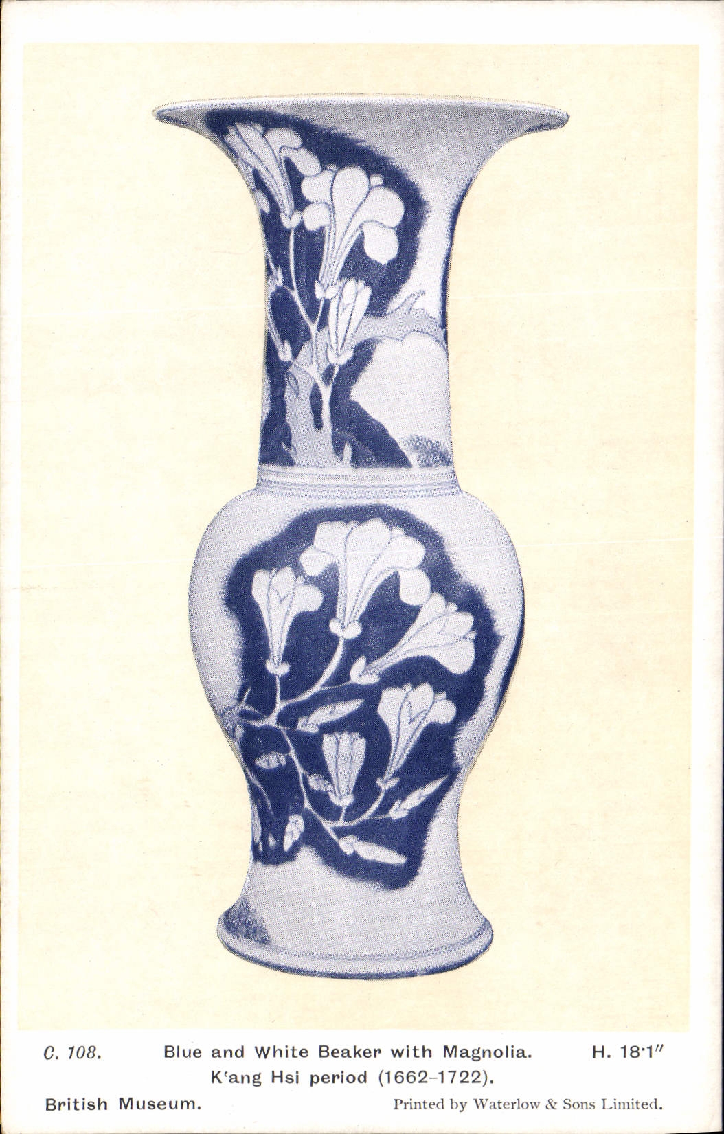 VINTAGE POSTCARD Potier Pottery British Museum Blue and white beaker with Magnolia Kang Hsi period China Clouded