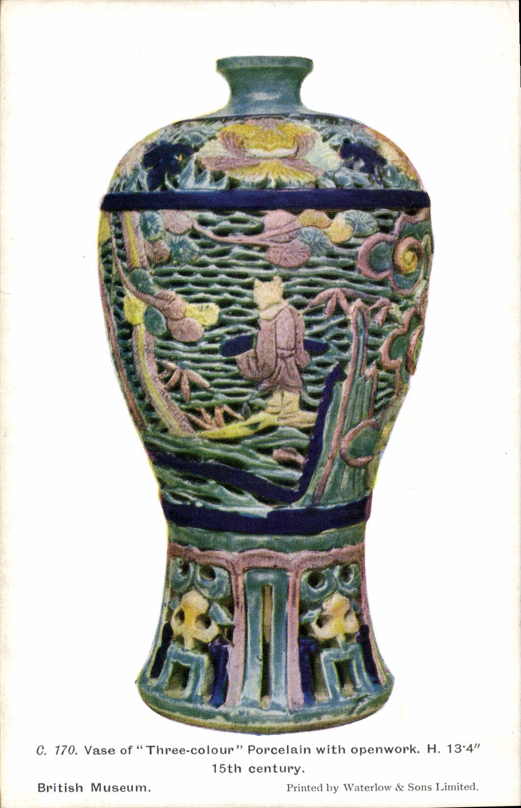 Florero de la cerámica del alfarero de la POSTAL de la VENDIMIA de la porcelana tricolor con British Museum a cielo abierto