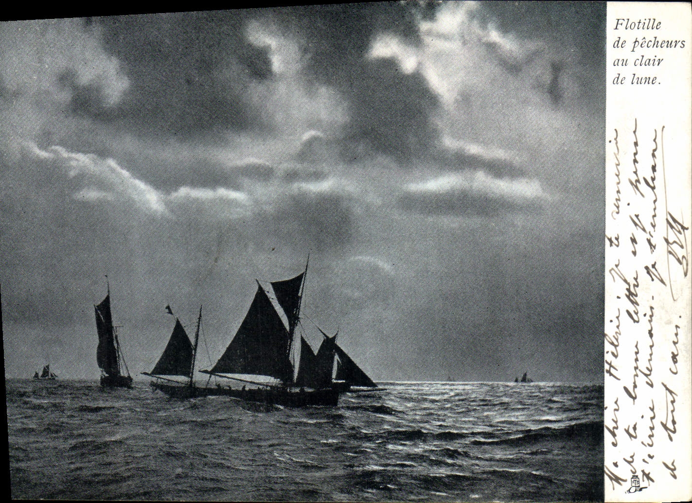 CPA Bateau de peche Flotille de pecheurs au clair de lune