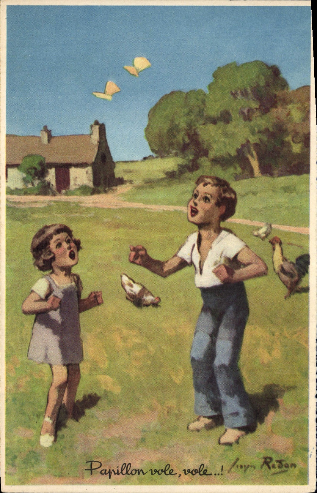VINTAGE POSTCARD Enfants Butterfly Flies steals Coq Hen