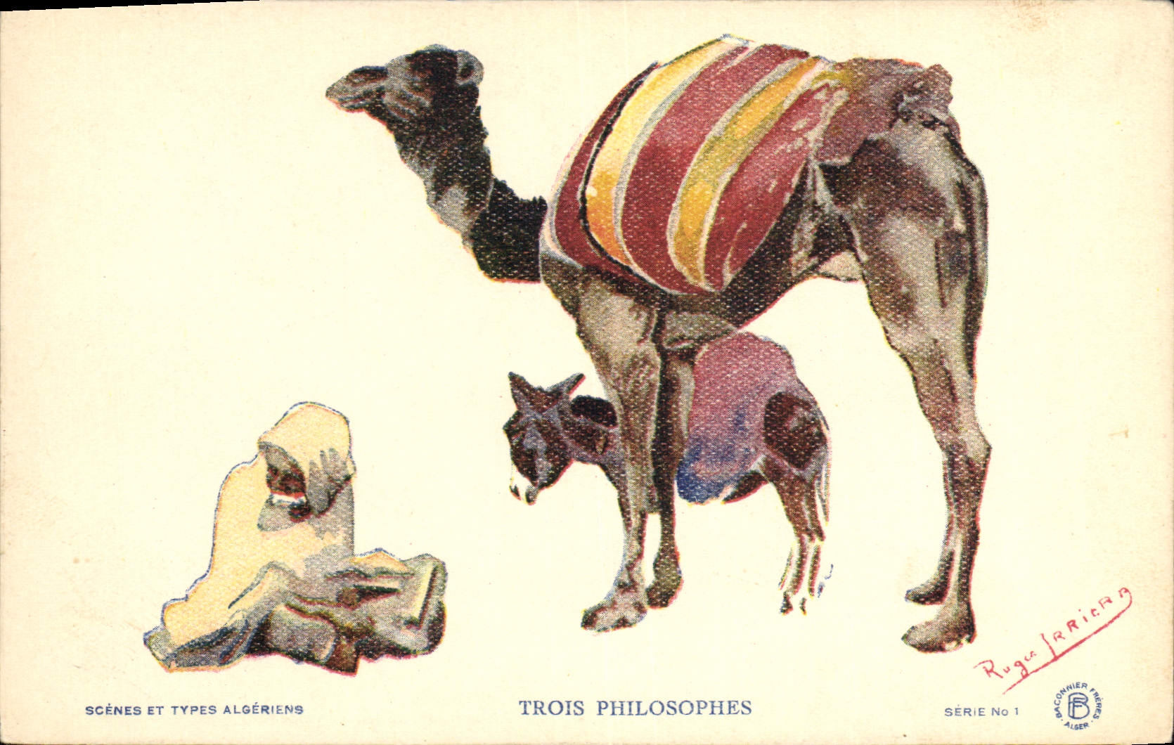 CPA Fantaisie Illustrateur Afrique du Nord Algerie Trois philisophes Chameau 
