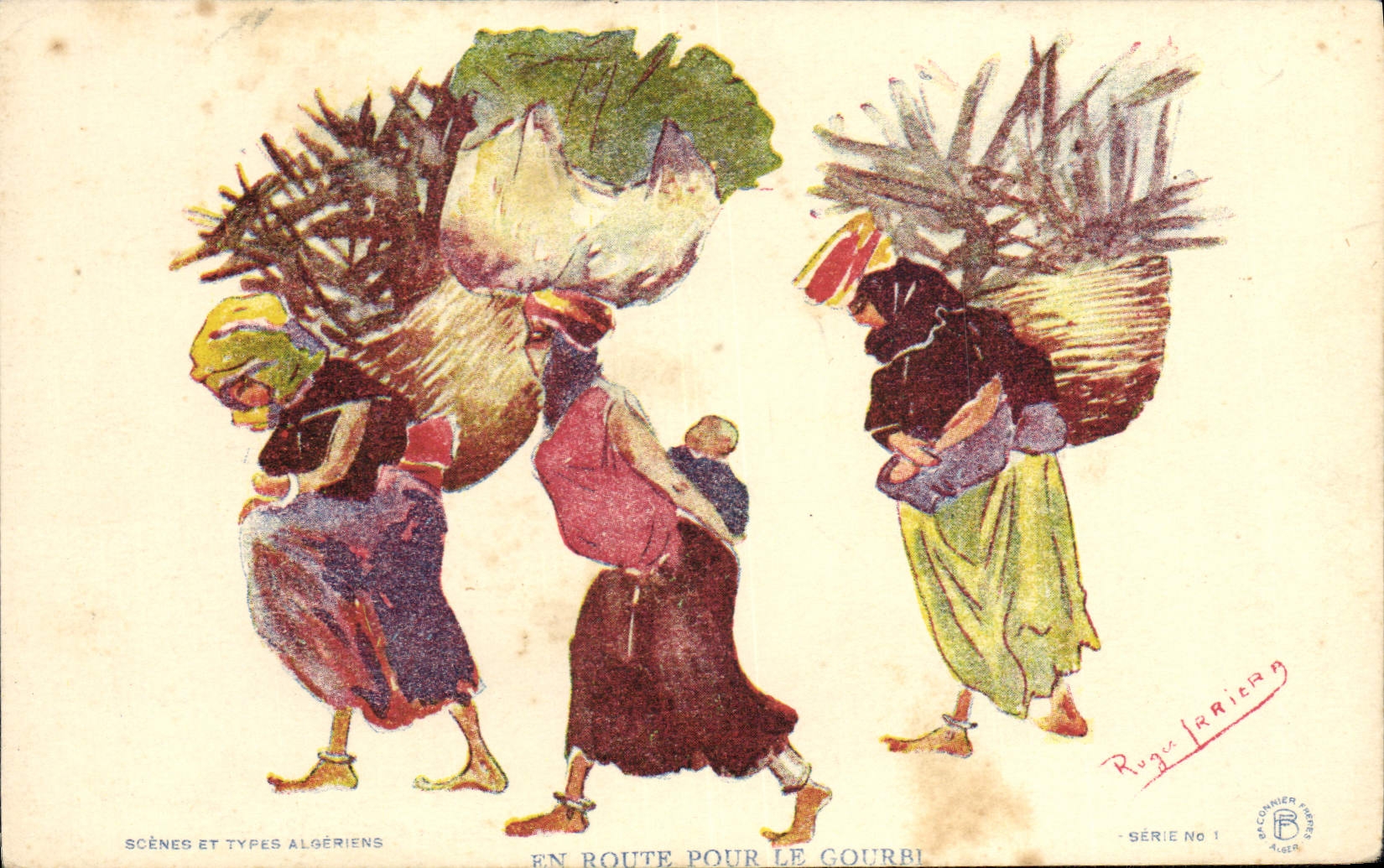 CPA Fantaisie Illustrateur Afrique du Nord Algerie En route pour le Gourbi Femmes