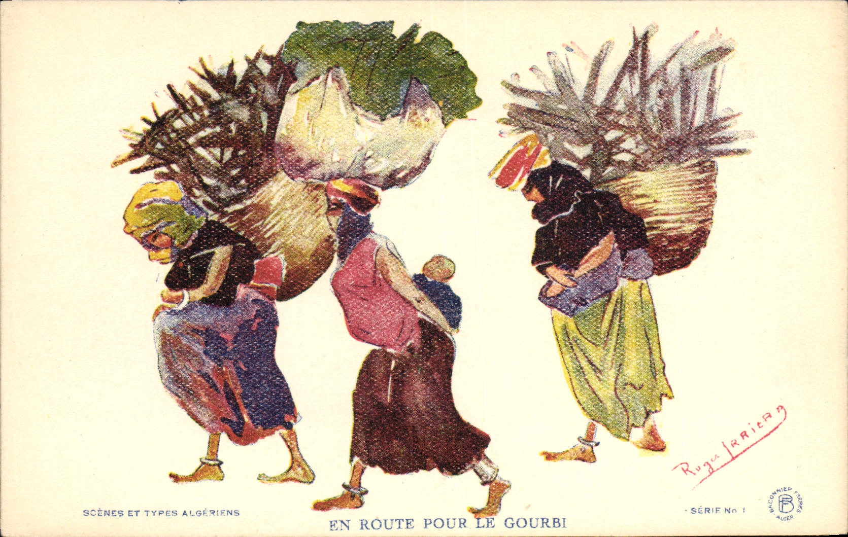 CPA Fantaisie Illustrateur Afrique du Nord Algerie En route pour le Gourbi Femmes