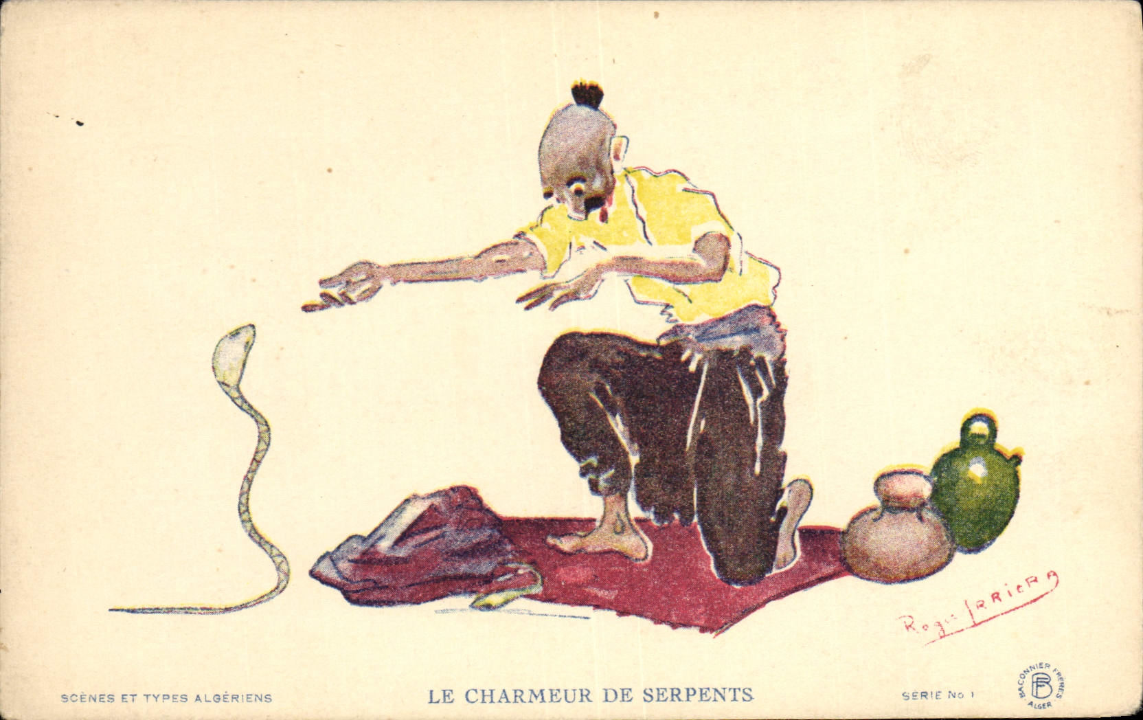 CPA Fantaisie Illustrateur Afrique du Nord Algerie Le charmeur de serpents Serpent