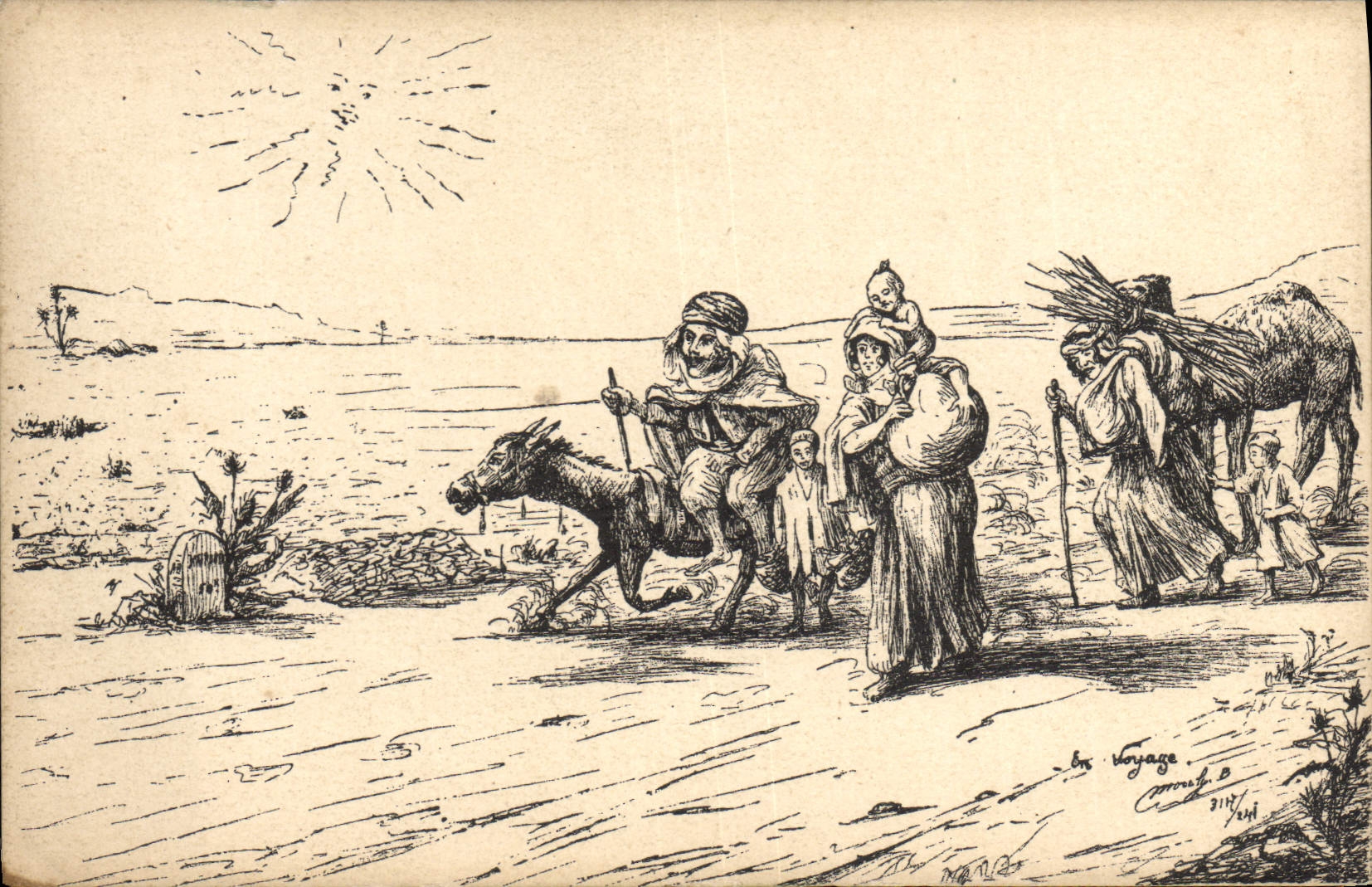 CPA Fantaisie Illustrateur Afrique du Nord Ane Mule Chameau