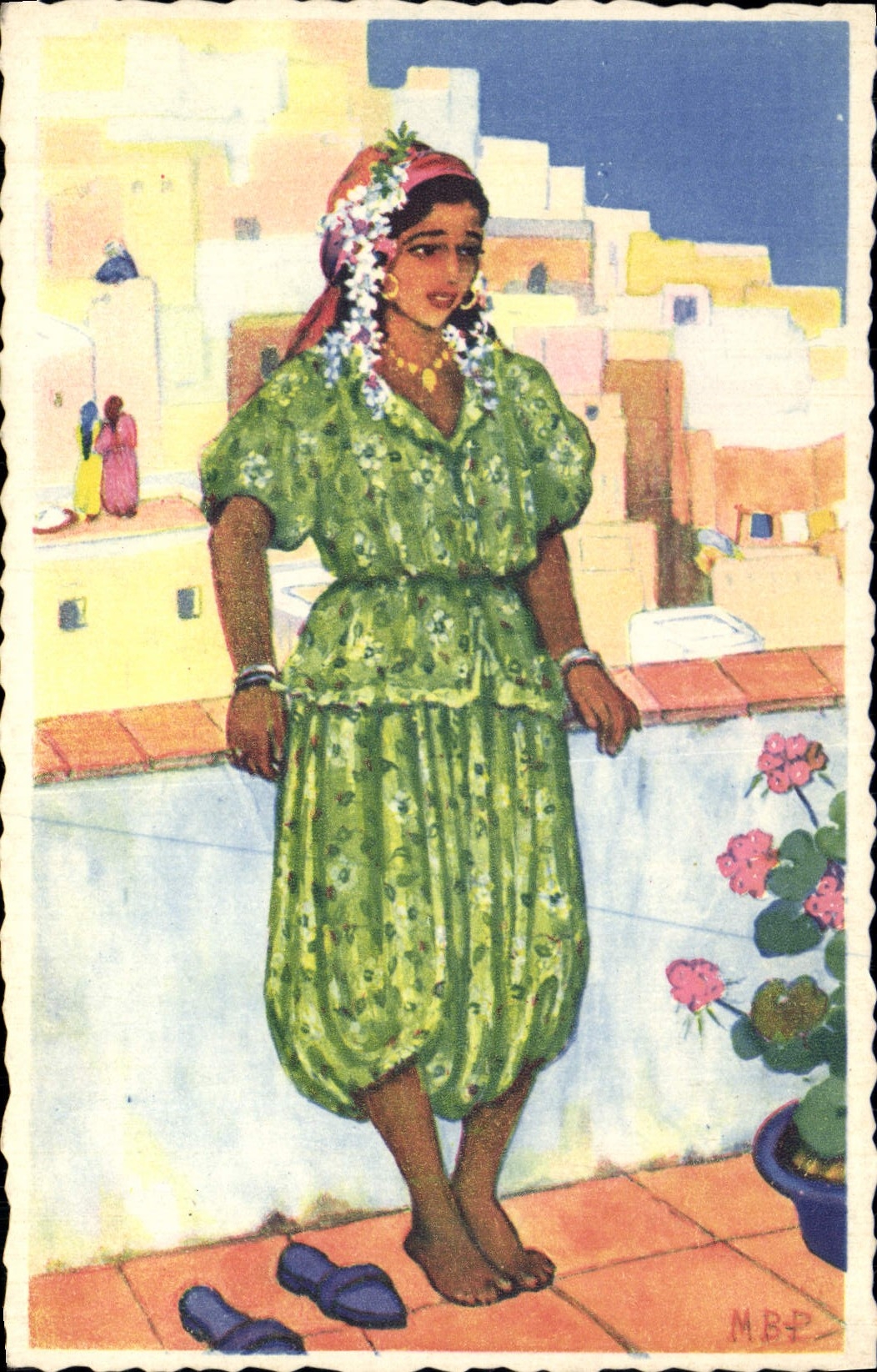 CPA Fantaisie Illustrateur Afrique du Nord Algerie Terrasses de la Casbah Alger