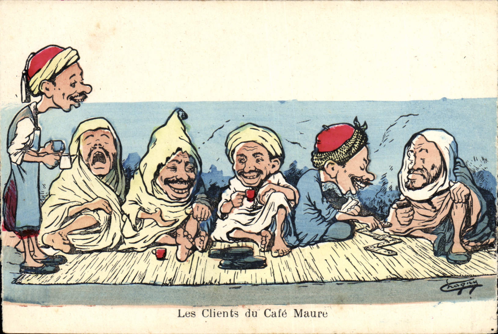 CPA Fantaisie Illustrateur Afrique du Nord Les clients du Cafe Maure