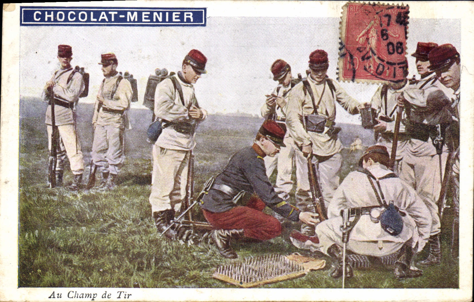 Chocolate de Militaria Menier de la POSTAL de la VENDIMIA con el campo del fuego