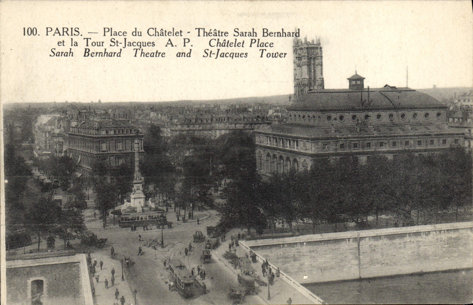 VINTAGE POSTCARD Paris Places of Chatelet Theater Sarah Bernhard