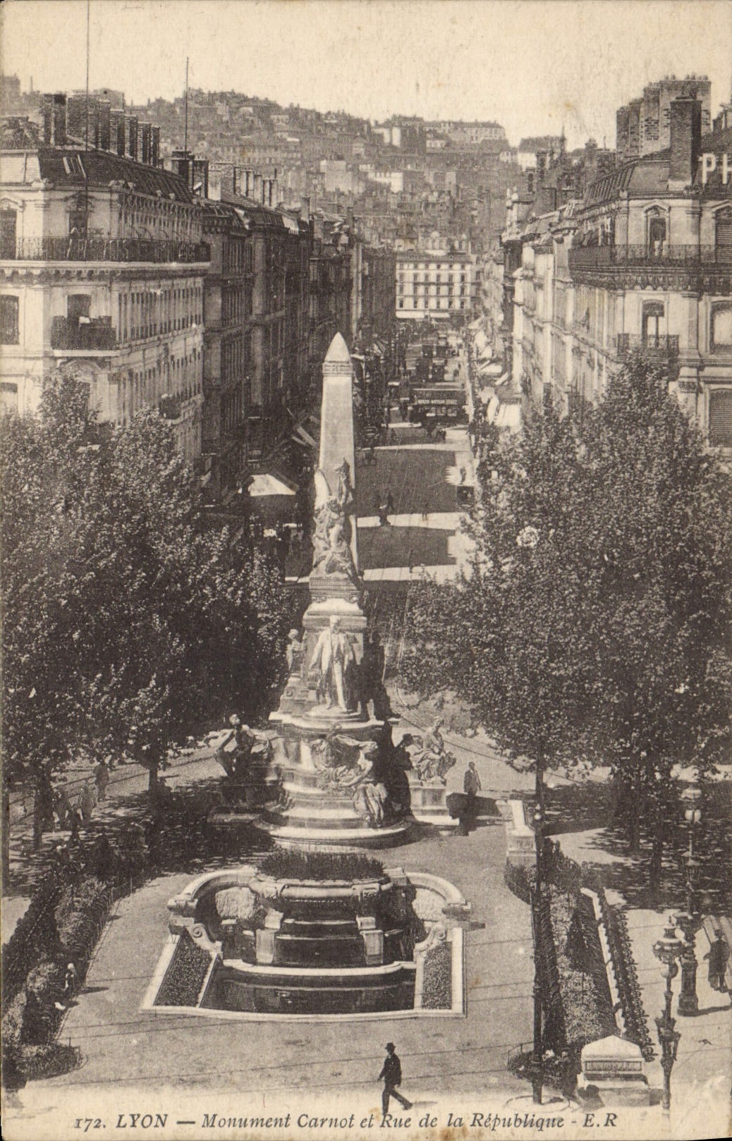 VINTAGE POSTCARD Lyon Carnot Monument and Rue of the Republic