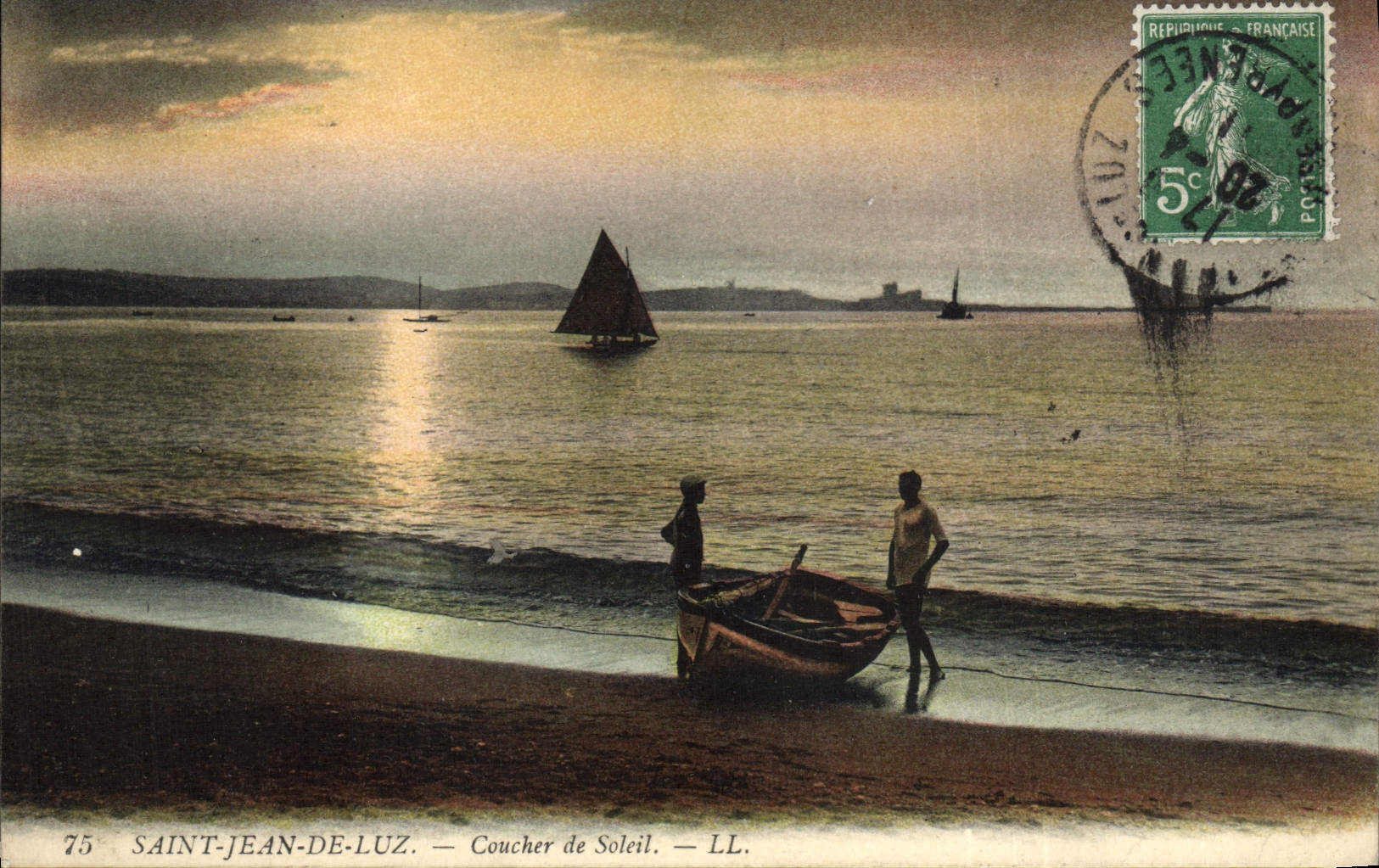 CPA Saint Jean De Luz Coucher de Soleil Bateau