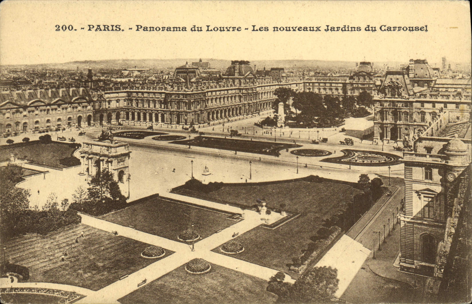 VINTAGE POSTCARD Paris Panorama of Louvre New gardens of the Carousel