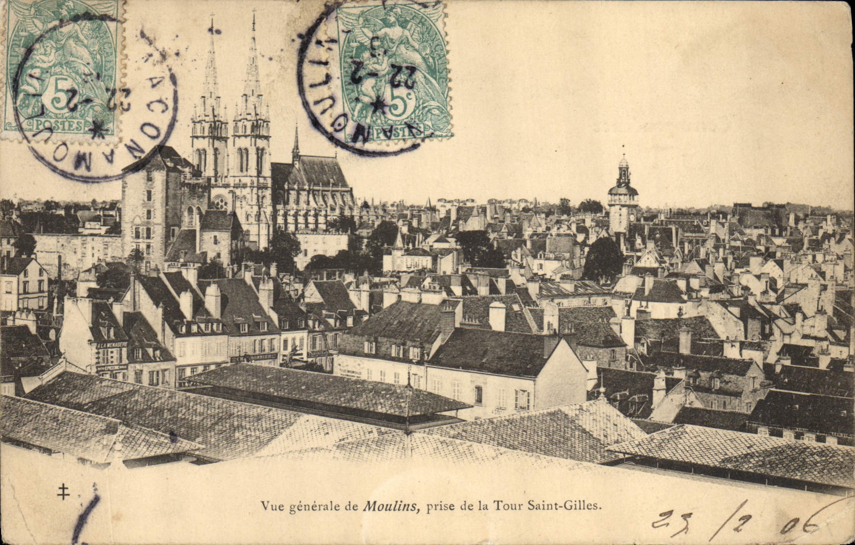 VINTAGE POSTCARD View of Moulins taken Tower St Gilles