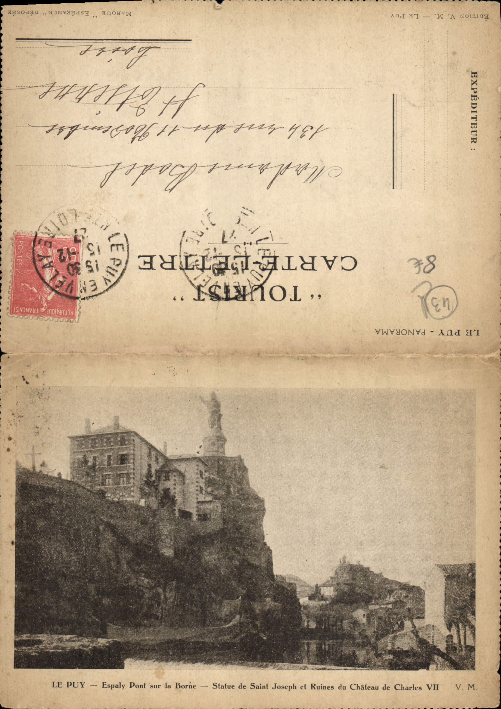 CPA Le Puy Espaly Pont sur la Borne Statue de Saint Joseph et ruines du chateau de Charles VII