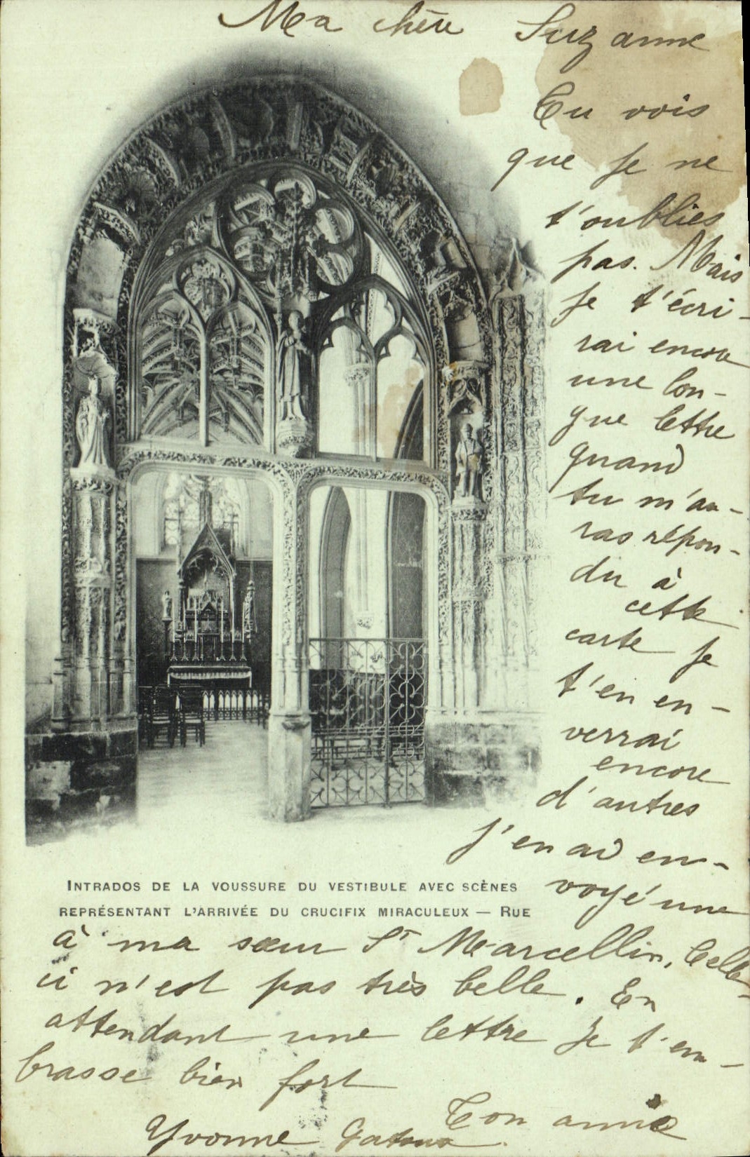 Cara interior de la curva del Al de la POSTAL de la VENDIMIA del pasillo con las escenas que representan la llegada del crucifijo milagroso