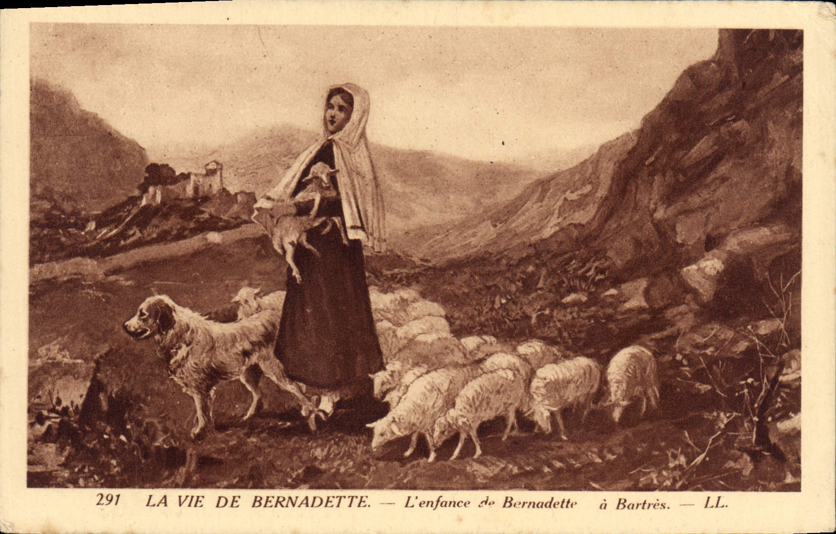 Vida de la POSTAL de la VENDIMIA de Bernadette del perro de ovejas Lourdes