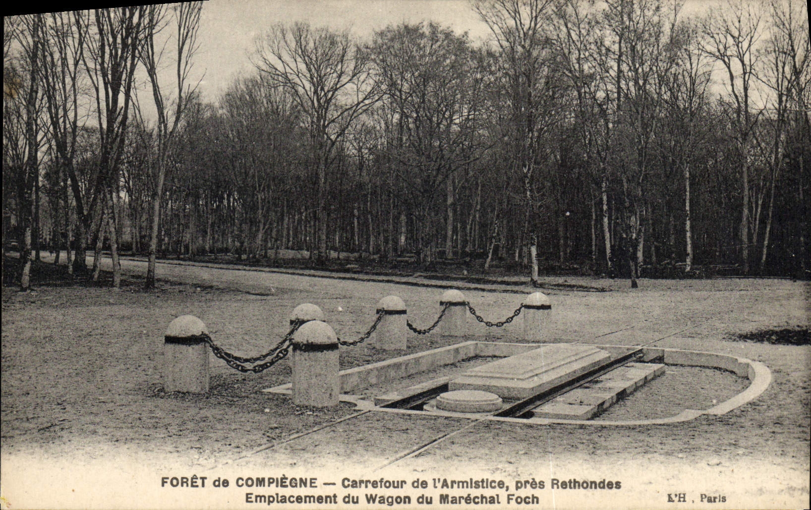 Taladro de la POSTAL de la VENDIMIA de la encrucijada de Compiegne del sitio de Rethondes del cierre del armisticio del coche del mariscal Foch Militaria