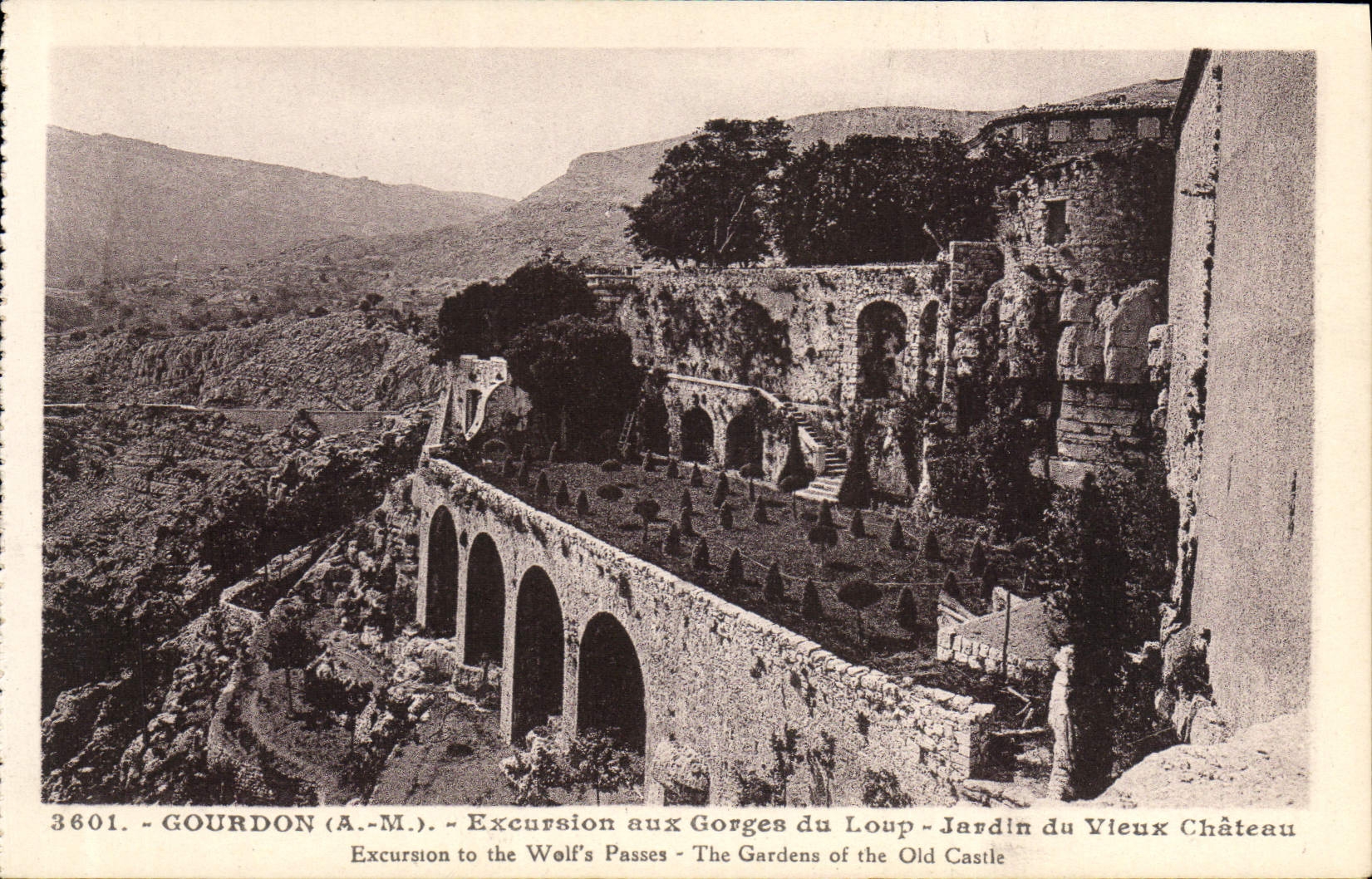 VINTAGE POSTCARD Gourdon Excursion At the Falls Garden of the old castle