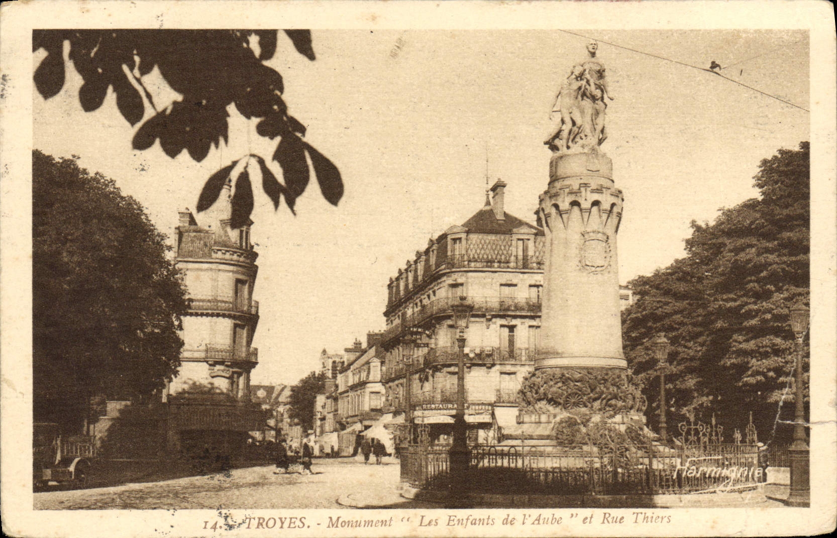 VINTAGE POSTCARD Troyes Monument the Children De I' Aube and street Thiers