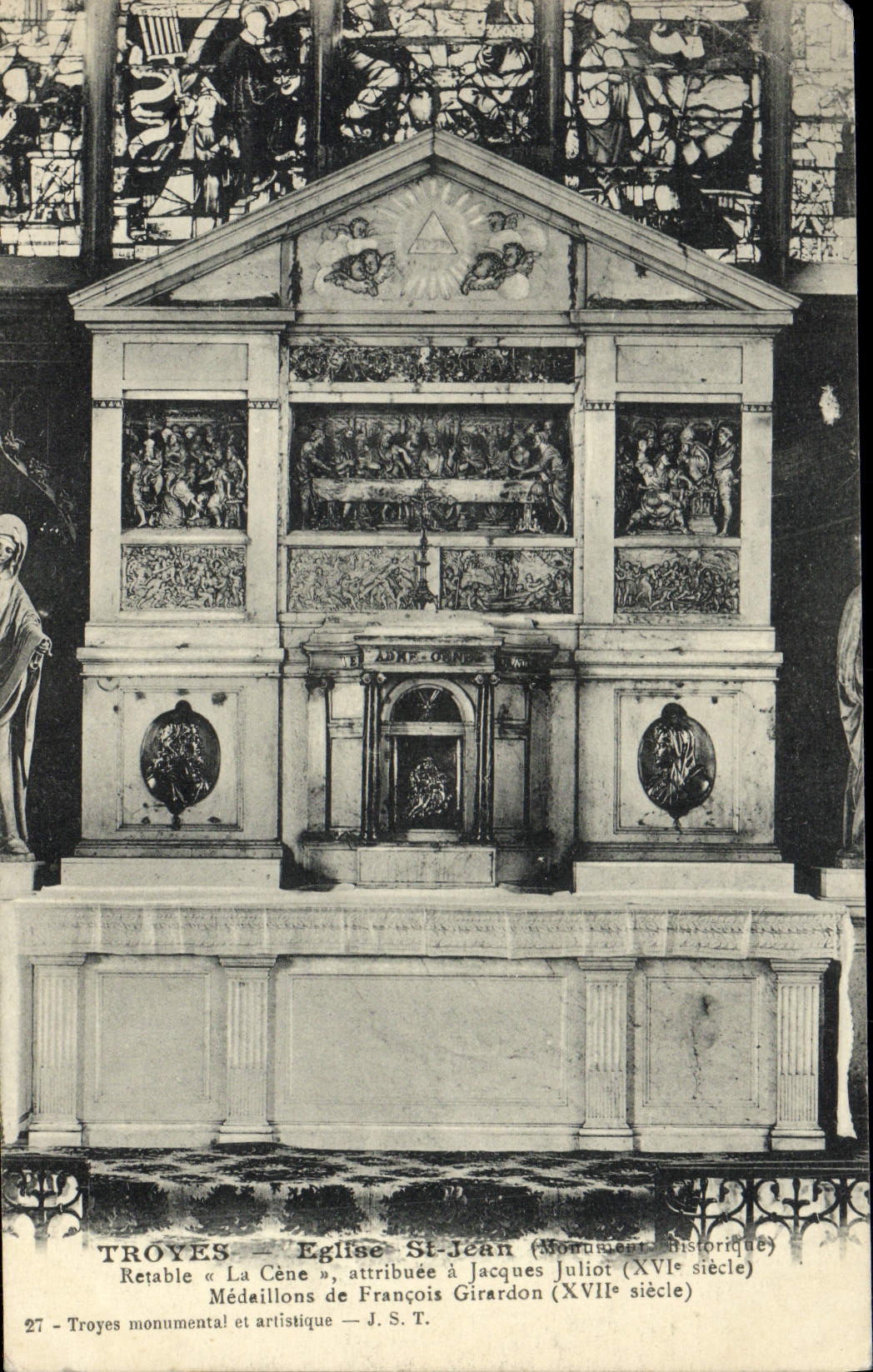 VINTAGE POSTCARD Troyes Church St Jean Retable Cene Jacques Juliot Medallions of François Girardon